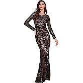 DQHKOW Women's Long Sleeve Sequins Mermaid Gown Long Formal Prom Party Dress