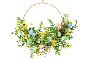U-Vathing 14 Inch Easter Wreath with Colorful Flowers and Decorative Eggs, Artificial Spring Floral for Home Indoor Outdoor W
