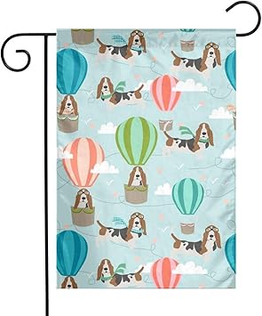 Amazon 庭の旗バセットハウンド熱気球生地かわいい犬デザイン屋外庭の芝生の装飾12 X 18インチ Coosly スポーツ アウトドア