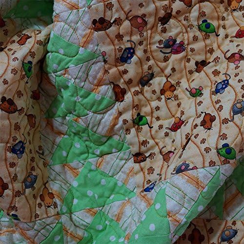 Toddler Quilt Handmade Modern Patchwork Squares and Flying Geese Green Pink Brown Blue Rust Organic Cotton Fabrics