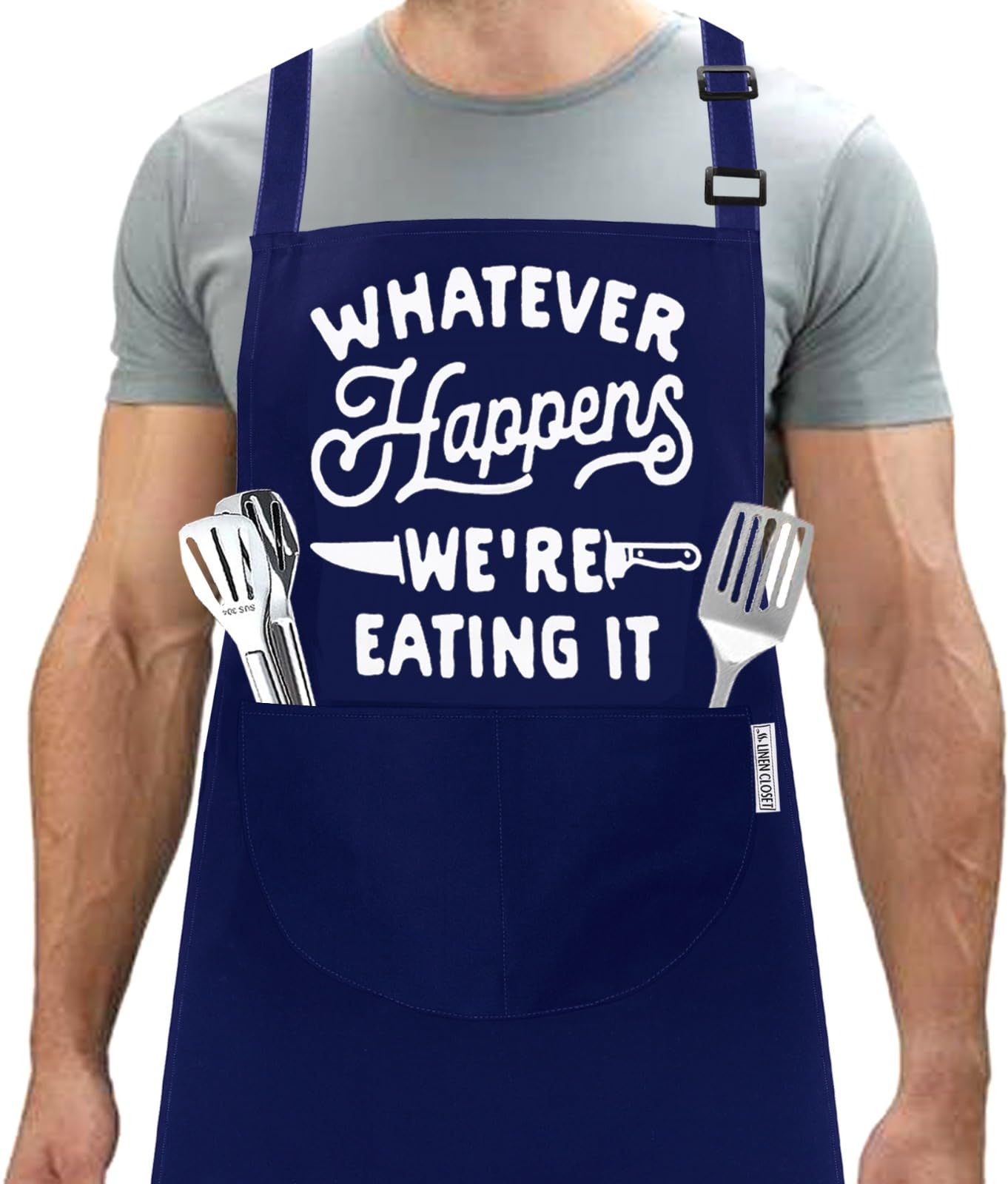 LINEN CLOSET® Bbq Aprons for Men Funny Aprons Grilling Novelty Kitchen Cooking Gift Whatever Happens Apron with 2 Front Pockets