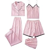 Escalier Womens 5pcs Silk Satin Pajama Set Cami Pjs Sleepwear Button Down Pj Sets Loungewear