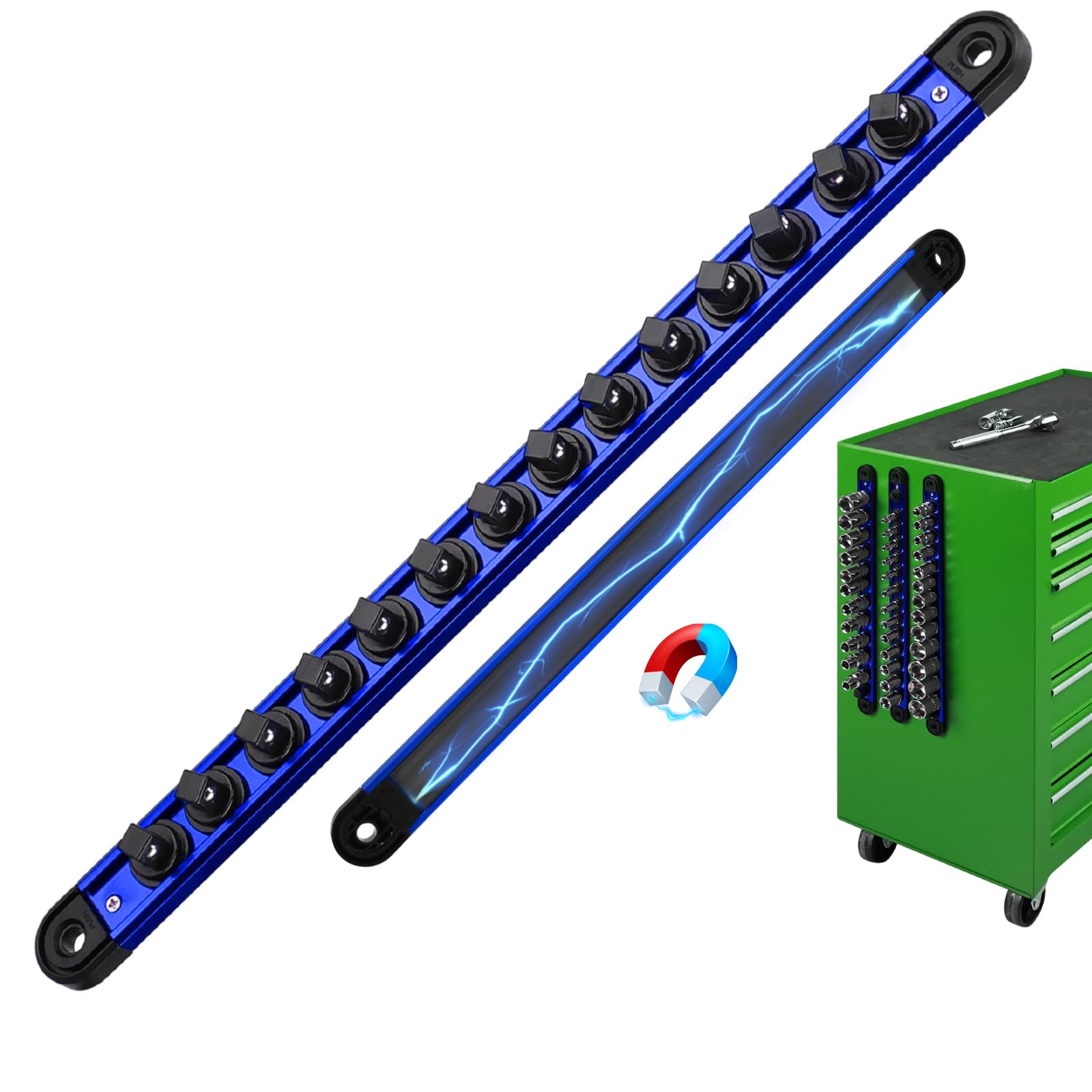 Photo 1 of 3/8-Inch Magnetic Socket Organizer Rail, Aluminum Alloy Socket Rail, Heavy Duty Sockets Holder with 14 Clips, 360° Swivel Clip Tool Tray, Sockets Organizer for Tool Box Drawer (Blue)