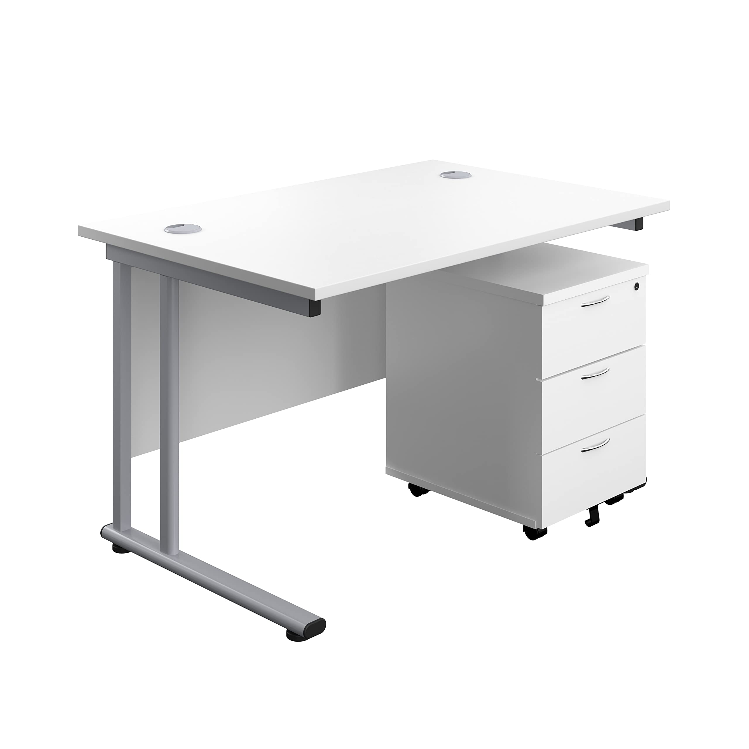 Office Hippo Professional Cantilever Office Desk With 3 Drawer Mobile Pedestal, Wood, White, Silver Frame, 120 x 80 x 73 cm