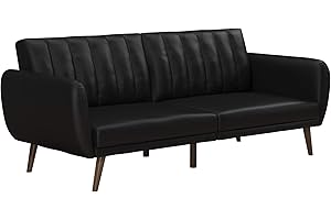 Novogratz Brittany 82 Inch Futon Sofa Bed in Faux Leather, Upholstered Couch Sleeper with Tufted Back, Mid-Century Modern, Black