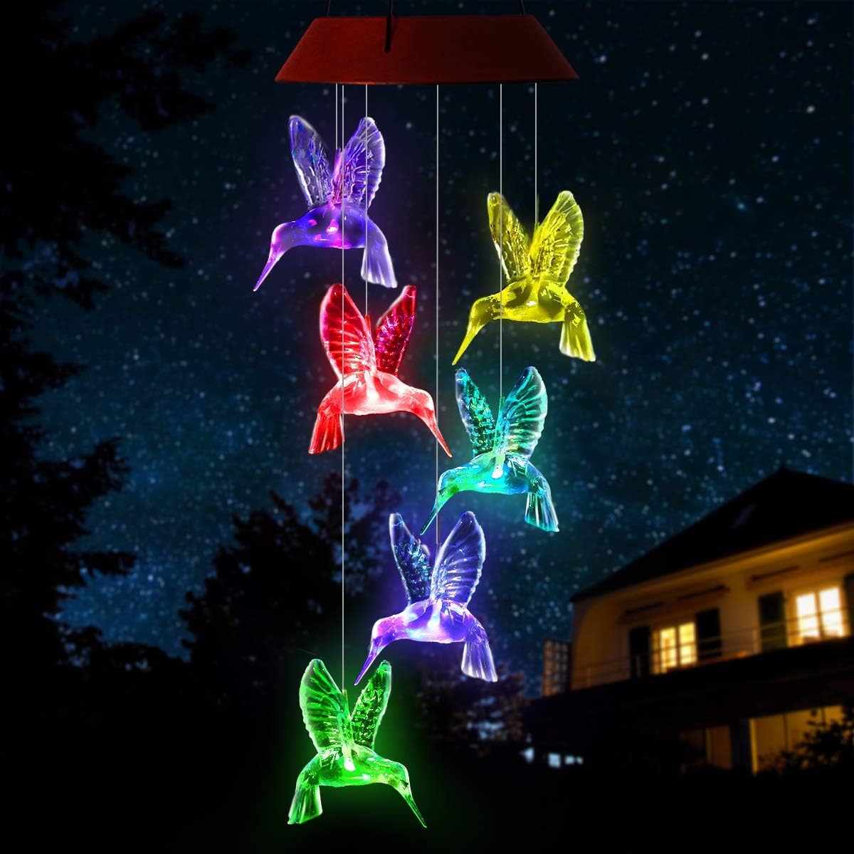 Solar Hummingbird Wind Chimes, PATHONOR Color Changing Solar Wind Chime Outdoor Mobile Waterproof Six Hummingbird LED Solar String Lights Gifts for Home Party Night Garden Hanging Decoration : Garden & Outdoor