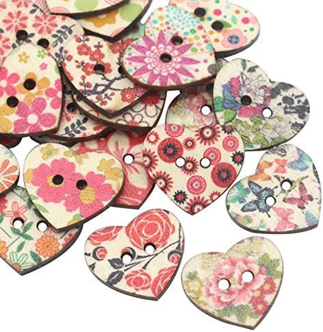 50Pcs/Lot 2-Hole Wooden Sewing Buttons Scrapbooking Pattern Printed Heart Mixed Decorative Sewing Accessories