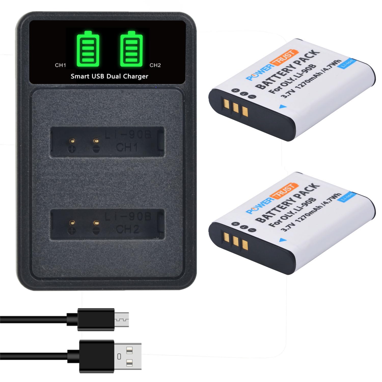 PowerTrust 2Pcs LI-90B LI-92B DB-110 Battery + LED Dual Charger for Olympus Ricoh GR III,Tough TG-5,TG4,TG-1 iHS, TG2,TG-2 iHS,TG-3,TG-4,SH-50 iHS, SH-60,Tough SH-1,SH-2