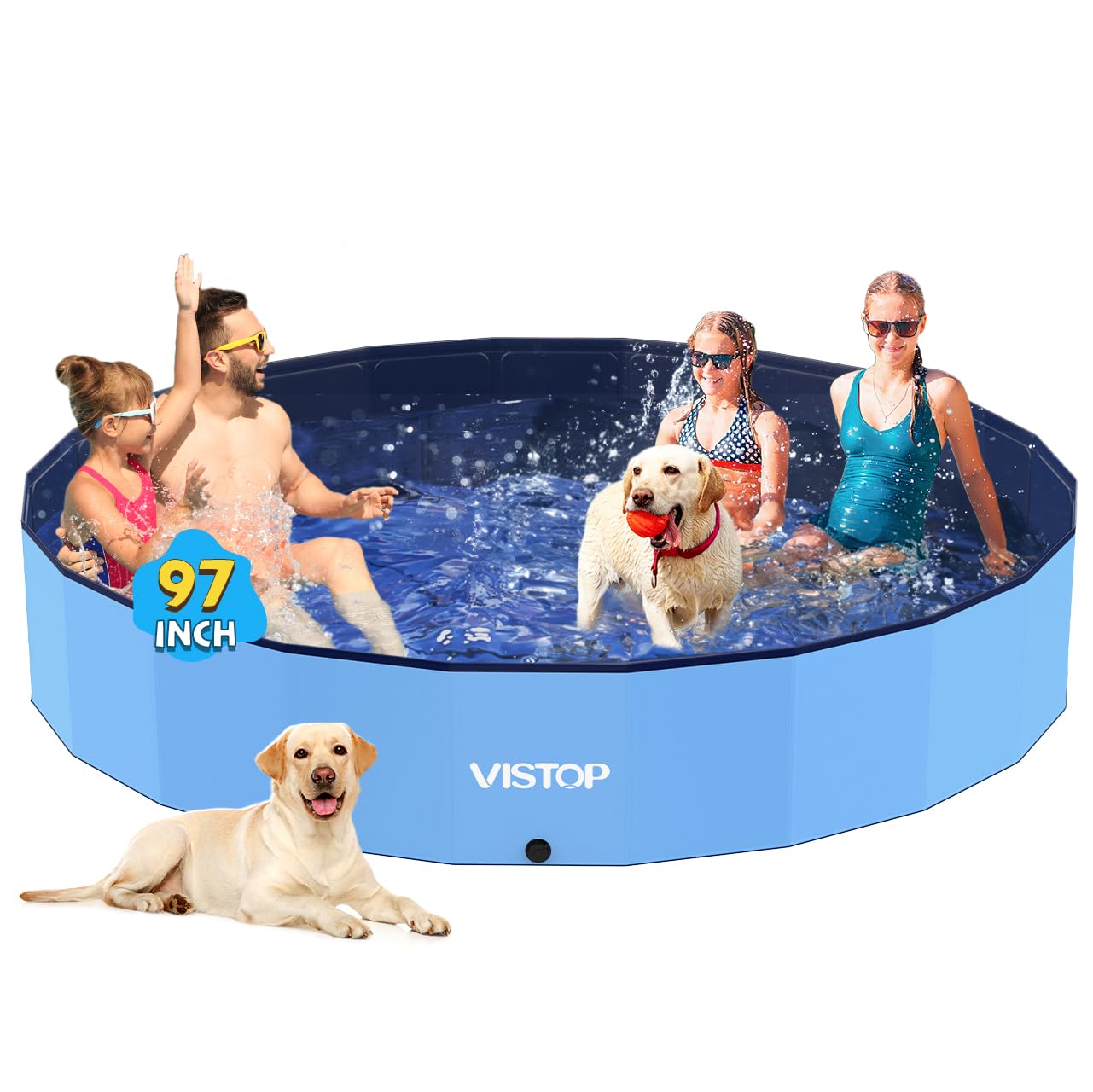 Photo 1 of VISTOP Jumbo Foldable Dog Pool, Hard Plastic Shell Portable Swimming Pool for Dogs Cats and Kids Pet Puppy Bathing Tub Collapsible Kiddie Pool (97inch.D x 15.7inch.H, Blue)