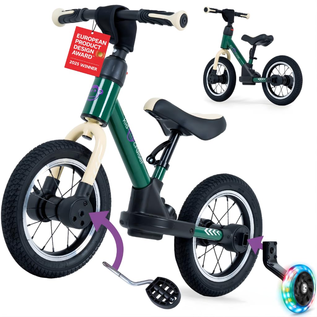 Kidcruiser Pedalplay balance bike 2+ year old, ideal for learning to ride, 3-in-1 with LED training wheels and pedals, durable modular frame, 80kg - Forest Green & Black β image 1