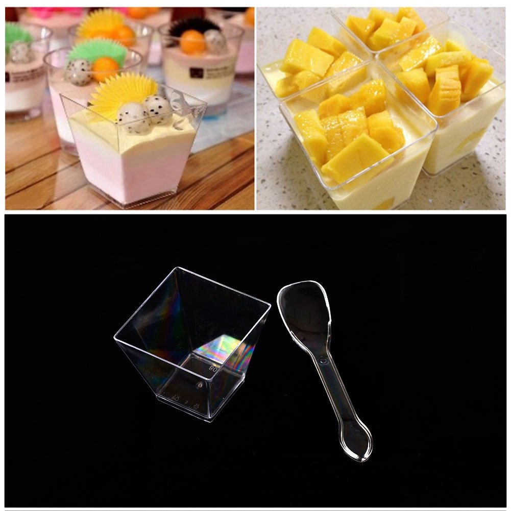 SZUAH Disposable Mini Desert Cups, Clear Plastic Appetizer Cups with Spoons, 2oz for Appetizer, Catering Supplies, Tumblers Shooters[100 Pack, Square] …