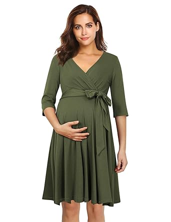 Coolmee Womens Wrap Maternity Dress Half Sleeve Empire Waist Midi