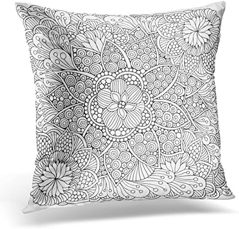 TOMKEYS Throw Pillow Cover Abstract Pattern for Adult Coloring Book Ethnic Floral Retro Doodle Tribal Design Black and White Arabic Decorative Pillow Case Home Decor Square 18x18 Inches Pillowcase