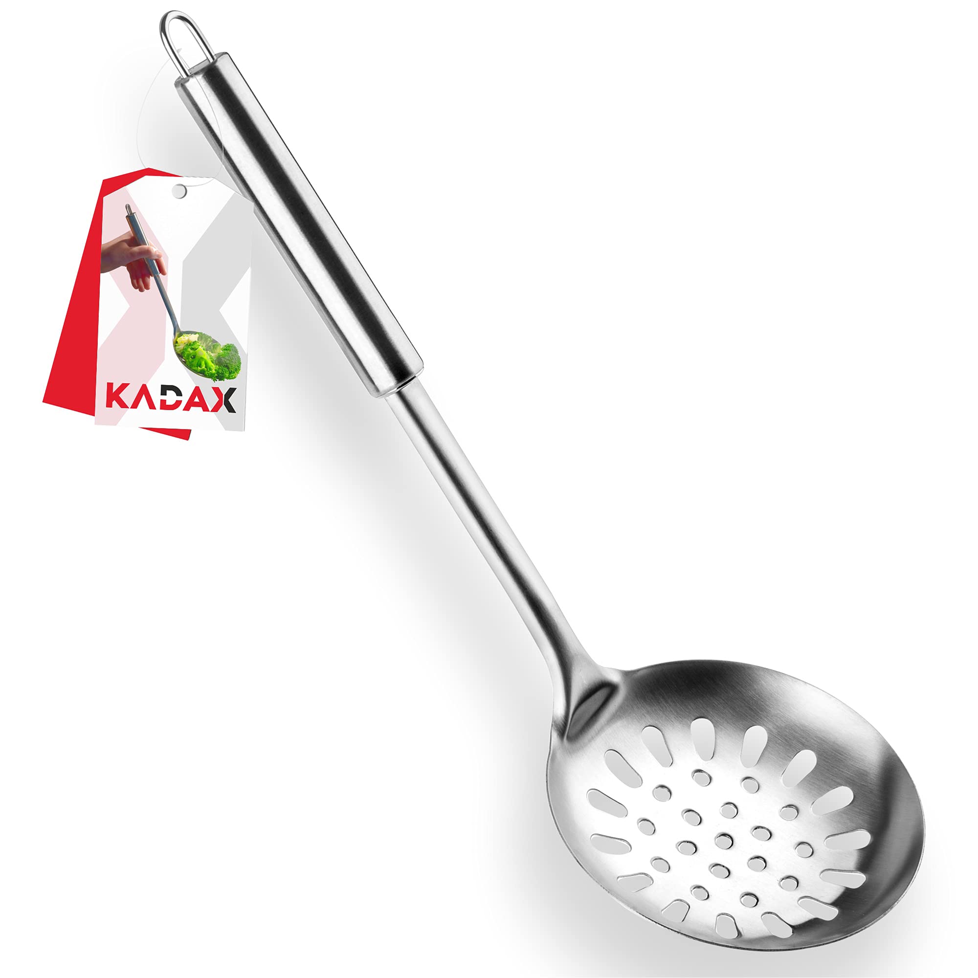 KADAX Stainless Steel Slotted Ladle, Slotted Serving Spoon, Skimmer Spoon with Oval Handle, Flat Ladle for Kitchen, Skimmer