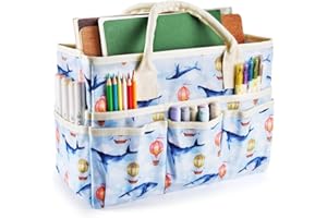 E-WEICHEN Craft Organizer Tote Bag Art Storage Caddy with Multiple Pockets Containers for Art,Craft,and Office Supplies Storage.Light Whale