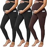 Buttergene 3 Pack Women's Maternity Leggings with Pockets Over The Belly Maternity Yoga Pants Pregnancy Leggings