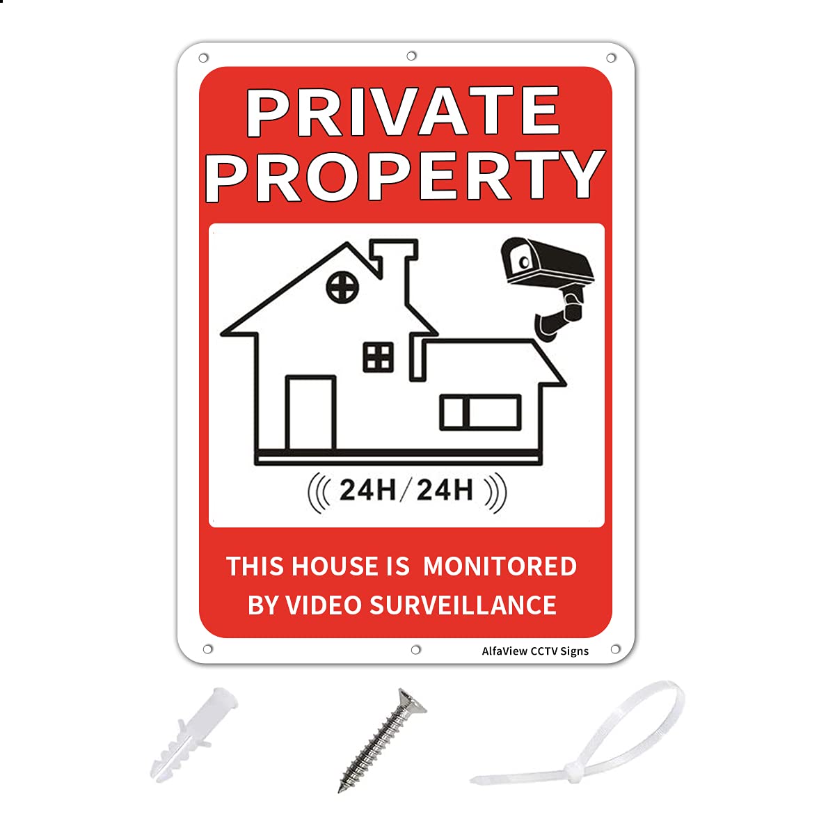 Alfaview Private Property 24Hour Video Surveillance Sign, 10" x 7" .040 Aluminum Reflective Metal Warning Sign,-UV Protected, Rustproof,Waterproof, Fade Resistant for Home Business­ (1)