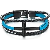 COOLSTEELANDBEYOND Black Horizontal Sideway Lateral Cross Three-Row Black and Blue Braided Leather Bangle Bracelet