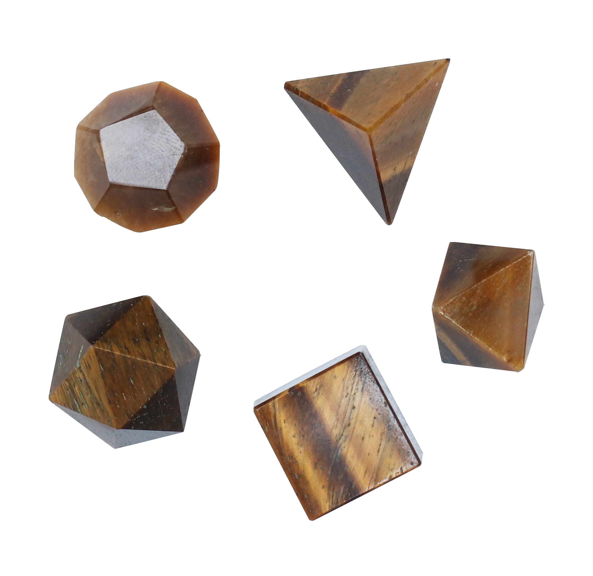 Crocon® Tiger Eye 5Pcs platonic solids crystal geometry set, Platonic Solids Sacred Geometric stones for Meditation Reiki Balancing Healing Chakra Stone Cleansing Spiritual Good Luck (15-20 mm)