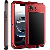 Marrkey for iPhone 16E Metal Case 6.1",Heavy Duty Shockproof Aluminum Alloy Tough Armour Military Grade Phone Case,360 Full Body Protective Cover with Silicone Built-in Screen Protector -Red