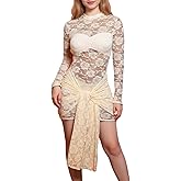 Uni Clau Women's Sexy Lace Mini Dress Y2K Long Sleeve Sheer See Through Floral Bodycon Club Party Wedding Guest Dresses