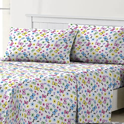 dream FACTORY Kids Sheet Set Lightweight Microfiber Bed Sheets Super Soft Easy Wash Cozy Bedding 10” Pocket - Twin, Purple Sweet Butterfly