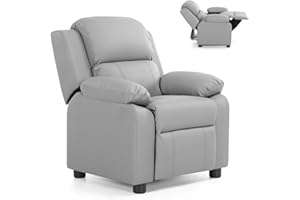 Costzon Kids Recliner, Leather Recliner Chair w/Footrest, Armrest Storage, Headrest & Lumbar Support, Ergonomic Lounge Chair for Living & Gaming Room, Adjustable Recliner Sofa for Boys Girls (Gray)