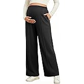 BLENCOT Women's Maternity Pants Work Adjustable Waisted Wide Leg Waffle Knit Trousers Pregnancy Clothes with Pockets