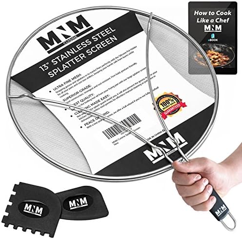 Grease Splatter Screen for Frying Pan by MNM Cuisine, 13 inch Splash Guard plus Pan Scrapers Set, Premium Stainless Steel Mesh with Resting Feet