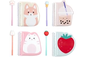 Yoobi Kawaii Mini Notebooks & Squishy Topper Pens – Cute Spiral Notebook Set with Puffy Covers – 80 Pages Each – Gift for Kids – Set of 4