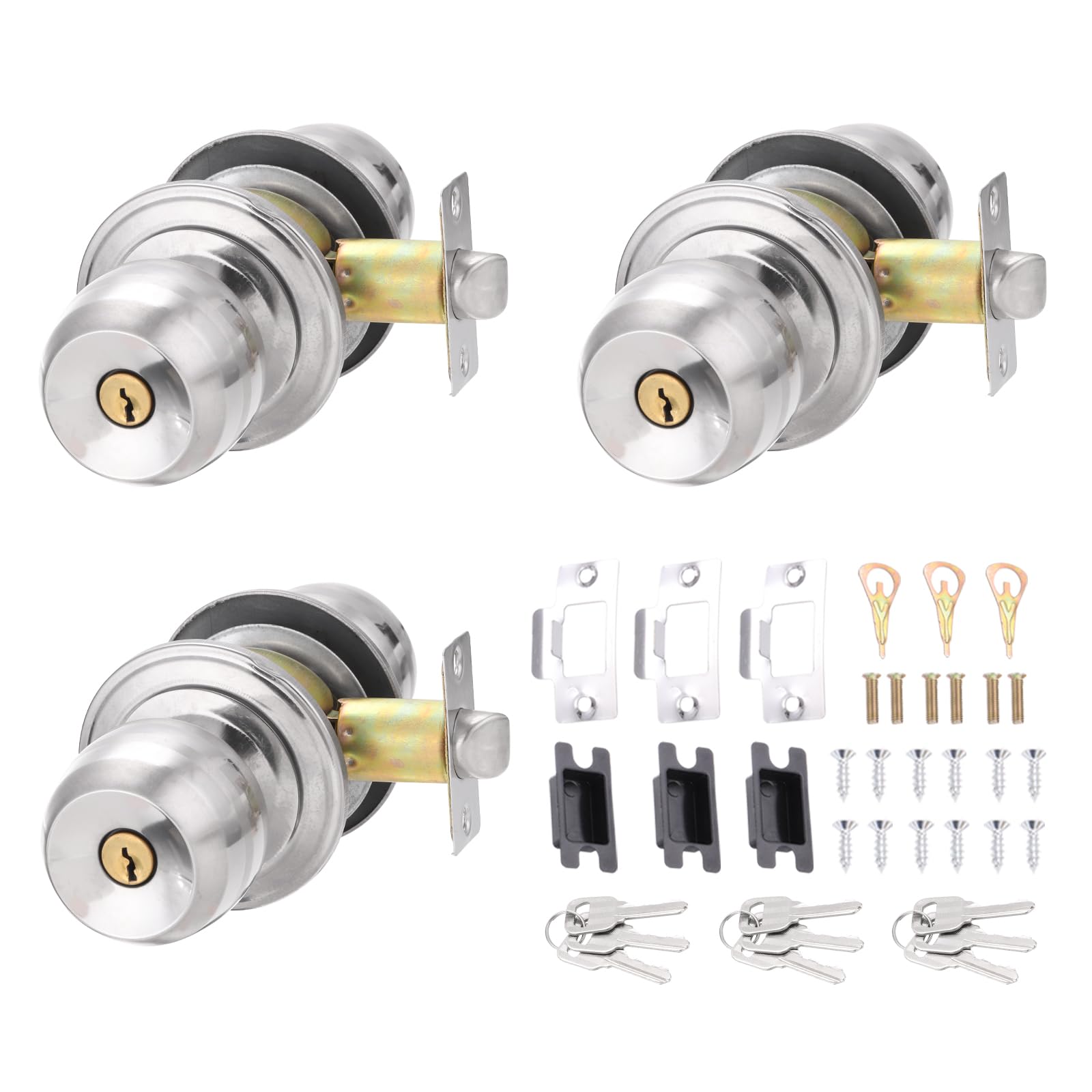 PATIKIL Key Entry Door Knobs Interior 60mm/2.4inch, 3 Pack Round Stainless Steel Bedroom Bathroom Door Knob with Zinc Lock Entry Indoor Outdoor Door, Silver