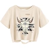 TIXOM Women Country Music Graphic Distressed Tee Shirt Sexy Ripped Short Sleeve Crop Tops