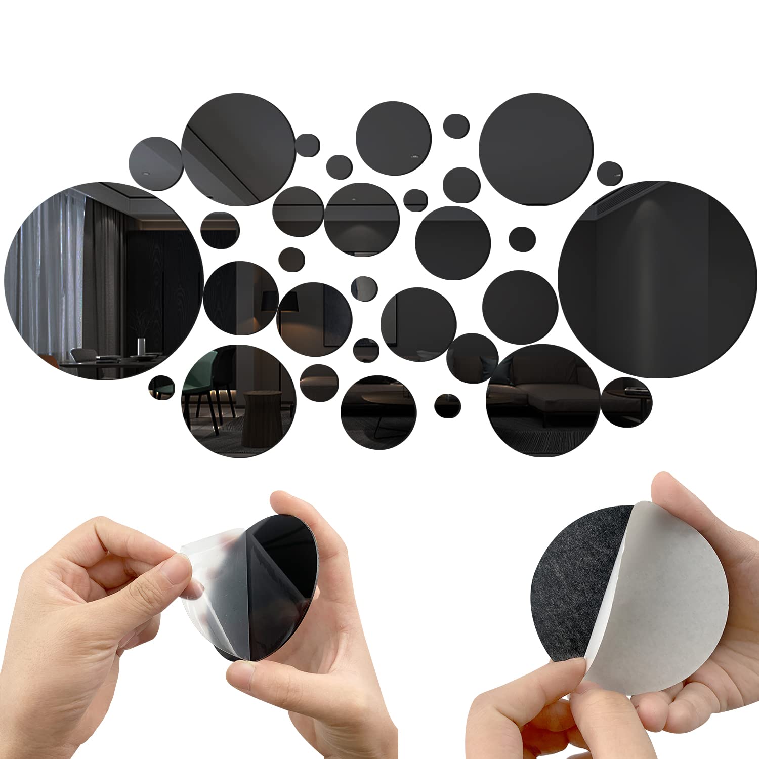 32 Pcs Round Acrylic Mirror Stickers, 6 Sizes - Removable, for Living Room, Bedroom, Sofa Background Wall, Home Decoration (2.2/2.5/3.5/5.5/8/15cm) Black