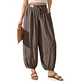 TARSE Womens Linen Barrel Harem Pants Casual Wide Leg Baggy Drawstring Boho Summer Beach Palazzo Travel Pants