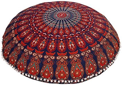 Anokhiart Navy Blue Round Mandala Floor Pillow Throw Living Room Decor Boho Decor Hippie Round Seating Pouf Cover Mandala Floor Pillows Cushion With Pom Pom