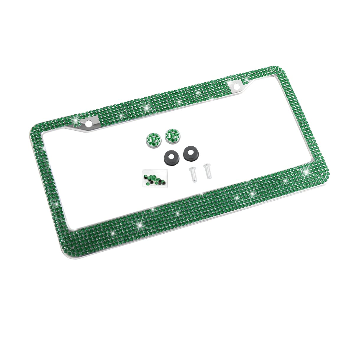 Photo 1 of YALOK Bling Car License Plate Frame, Sparkly Rhinestone Stainless Steel License Plate Cover/Holder, Universal for Most Cars, SUVs, Vehicles with Screw Set, Auto Accessories for Women (Dark Green)