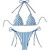 RoseSeek Women's 2 Piece Bikini Sets Halter Tie Side Triangle Swimsuit Striped Bathing Suit