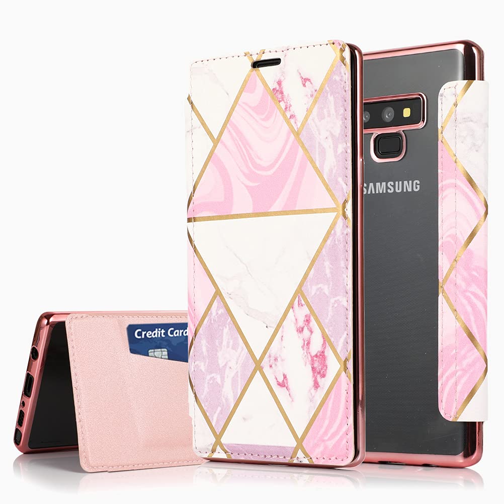 Samsung Note 9 Phone Case with Card Holder Marble Personalised Case Clear Leather Flip Case Wallet for Women/Men Front Back Cover Galaxy Note 9 Shockproof Protective Silicone Case Pink