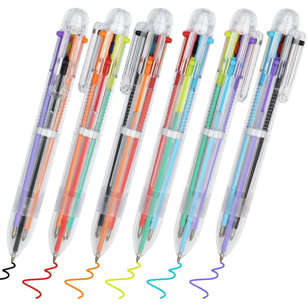 AUAUY 12 PCS Multicolor Ballpoint Pen, 6-in-1 Retractable Ballpoint Pens 0.5mm, 6-Colors Transparent Barrel Ballpoint Pen for Office School Supplies Students Gift