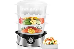 Electric Food Steamer for Cooking, Aigostar Vegetable Steamer with Stainless Steel Base, 3 Tier Stackable and Dishwasher Safe Baskets, BPA-Free, 800W w/Auto Shutoff and 60-Mins Timer, 9.6 QT, Silver