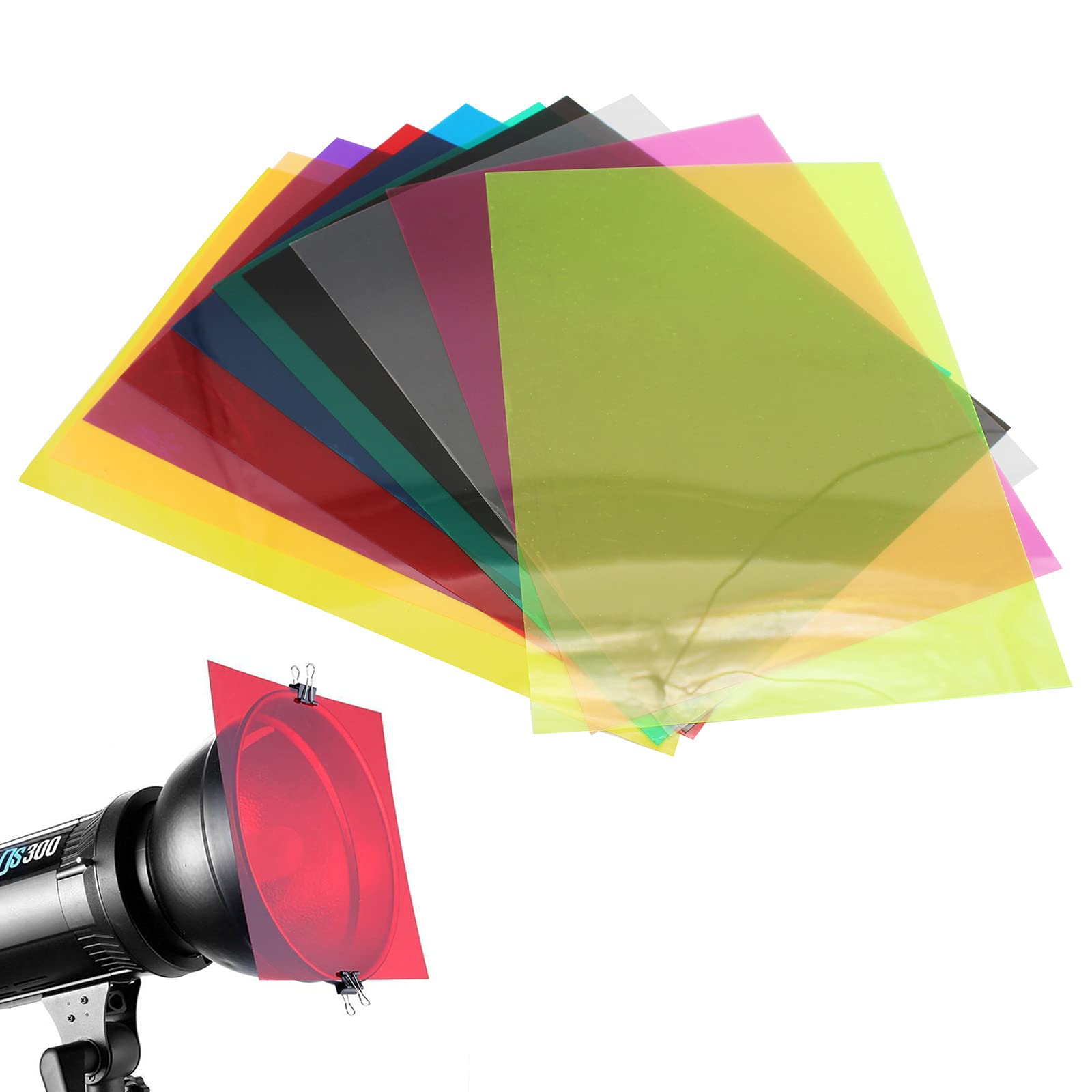 10Pieces Gel Light Filter, Square Transparent Color Film Plastic Sheets Overlays Transparency Color Film for Photo Studio Strobe Flash LED Video Light DJ Light, 10 Colors, 29.7x21cm