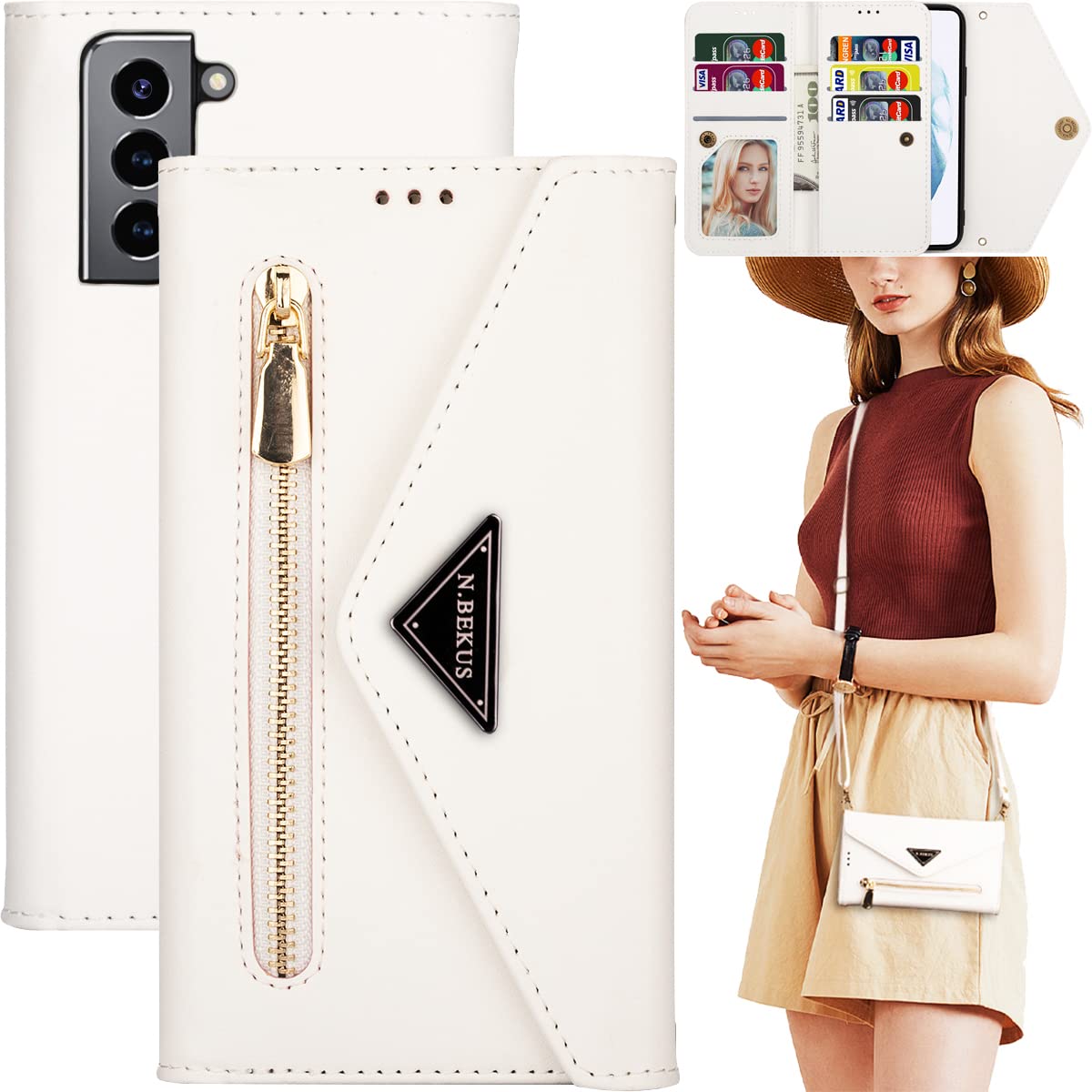 Photo 1 of Ephoou for Samsung Galaxy S22 Plus Wallet Cases (Not S22) with Card Holder, Crossbody Purse Cover Adjustable Lanyard Cases for Samsung Galaxy S22 Plus Handbag White