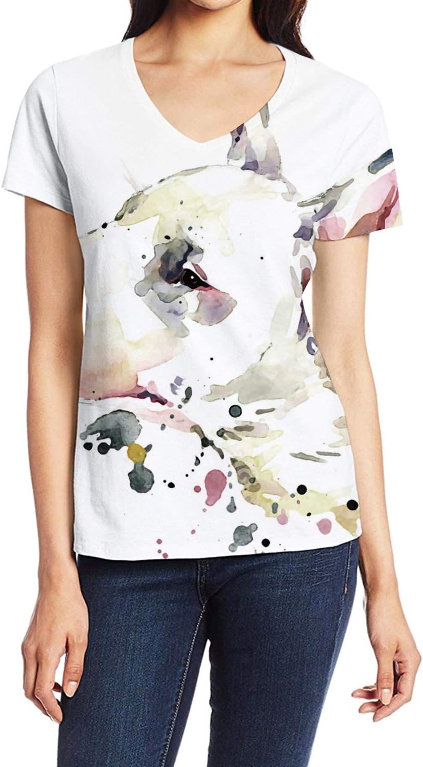 Women's V-Neck Short Sleeve Blouse T Shirts Casual Tops Vintage Decor Collection, Hand Drawn Cute Elephant