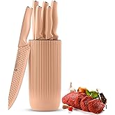 Mealia Kitchen Knife Set with Block, 6-Piece Non-stick Stainless Steel Sharp Knives Set for Precision Cutting with Universal Knife Block for Kitchen, Ergonomic Design & Dishwasher Safe, Pink