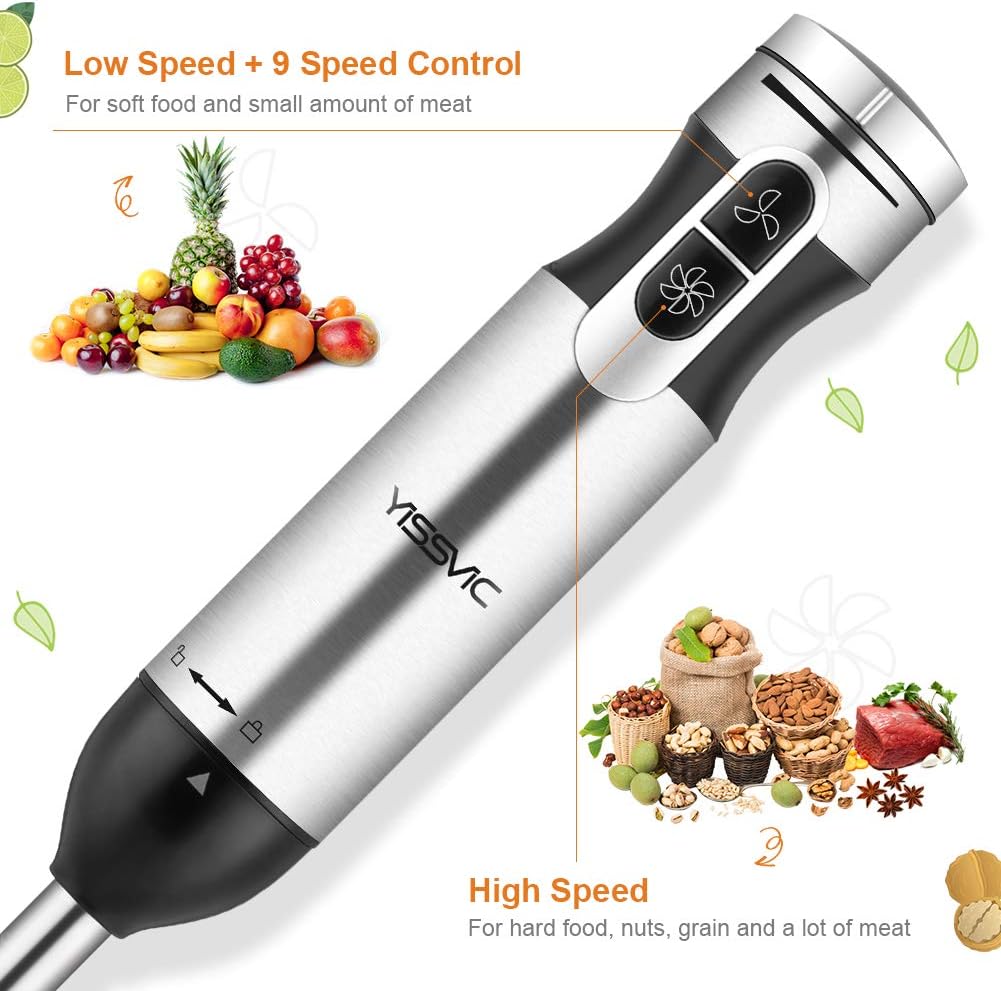 YISSVIC Hand Blender 1000W 700ml Immersion Blender 9 Speed Control, 4 In-1 Powerful Stick Blender, Chopper, Whisk, BPA-Free, 500ml Food Grinder for Sauces Smoothie Puree Infant Food: Kitchen & Dining