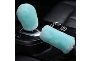 OGLAND Fluffy Natural Fur Sheepskin Car Gear Shift Handle Level Stick Knob Covers for Automobile Selector Handball Collar, Handbrake Cover (Mint Green)