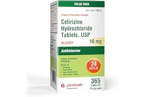 Glenmark Therapeutics 24-Hour Allergy Medicine, 365 Count, Cetirizine HCl USP, Antihistamine for Pollen, Hay Fever, Dry, Itchy Eyes, Allergies, 10mg Tablets