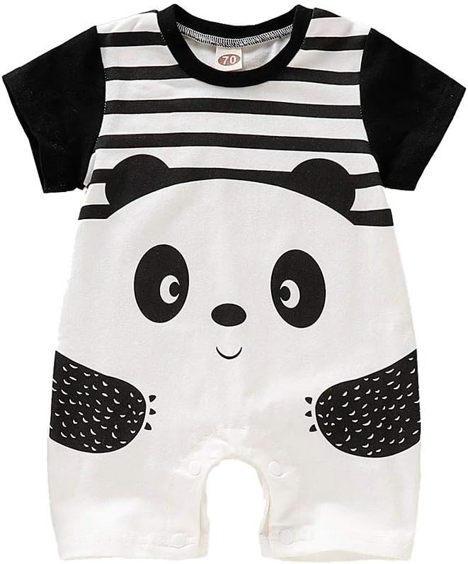 Infant Baby Boys&Girls Romper Short Sleeve Cartoon Panda Animal Striped Bodysuits Round Neck Jumpsuit