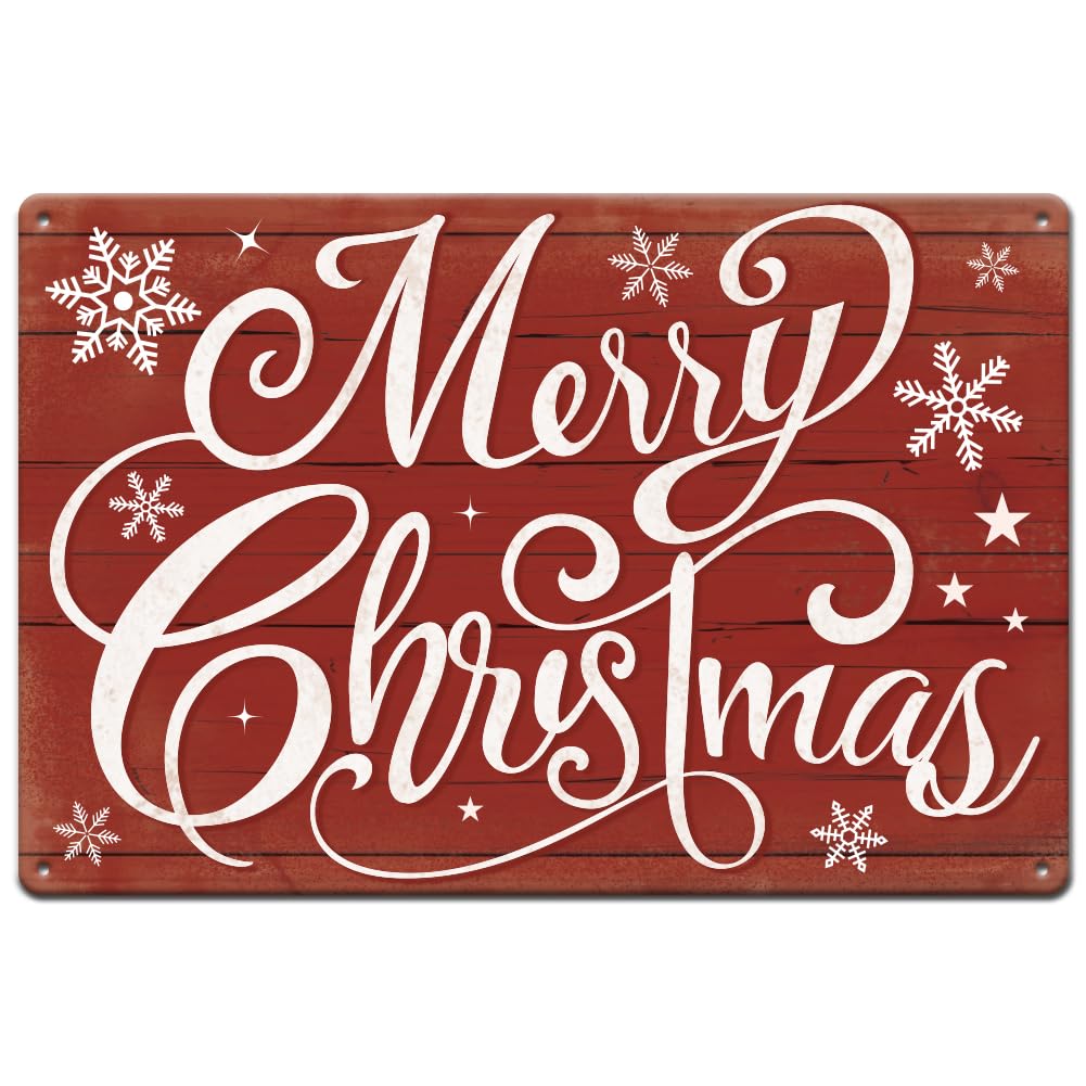 SUPERDANT Merry Chrismas Metal Tin Signs Snowflakes Metal Sign Christmas Red Tin Sign Plaque Retro Metal Poster for Christmas Party Home Living Room Bars Cafes Pubs Decorations