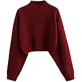 ZAFUL Women's Pullover Sweater Drop Shoulder Plain Knitted Cropped Sweater Pullover Solid Long Sleeve Cropped Tops